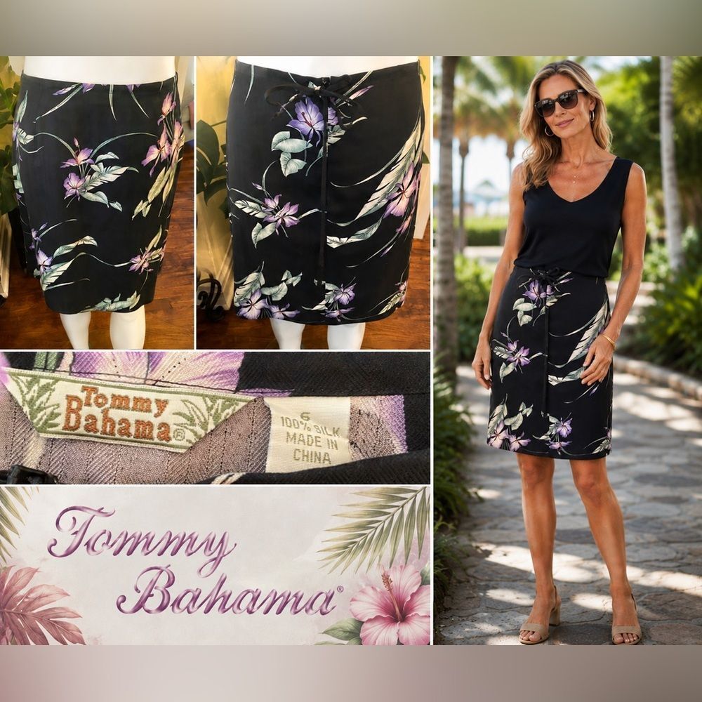 *Tommy Bahama* Black Floral 100% SILK Skirt Sz 6